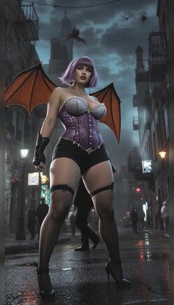 Purple Bat Girl and Orange Hero in Rainy Urban Night