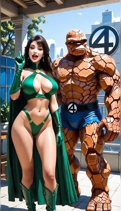 Sexy Green Superhero Poses With The Thing Rooftop
