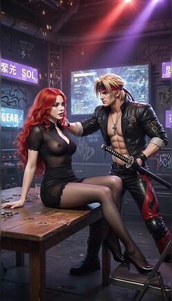 Redhead Seductress Teases Samurai In Neon Cyberpunk Bar
