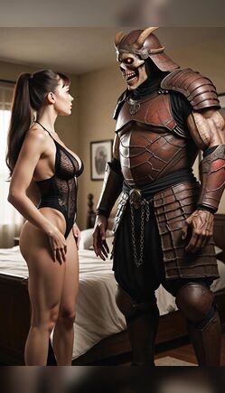 Brunette in Black Lingerie with Armored Skeleton in Bedroom