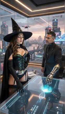 Witch in Blue Corset with Cyborg in Futuristic Penthouse