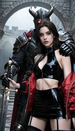 Brunette in Black Latex with Armored Demon Knight