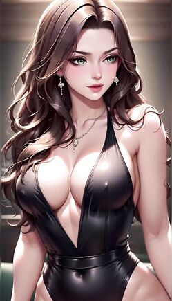 Brunette in Shiny Black Deep V Bodysuit Posing