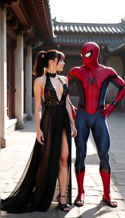 Spider-Man with Brunette in Elegant Black Dress