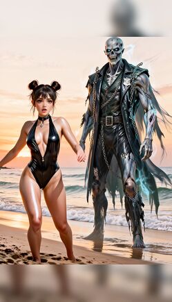 Brunette in Black Bodysuit with Skeletal Warrior on Beach