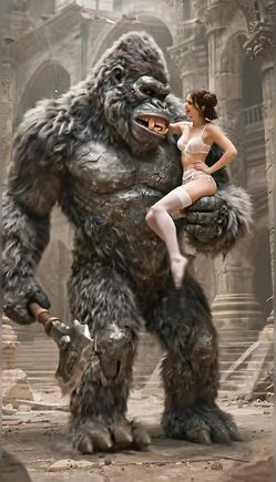 Brunette in White Lingerie with Giant Gorilla Beast