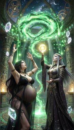 Pregnant Brunette Sorceress with Elf in Magical Hall