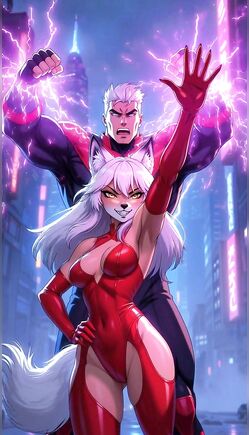 Furry White Wolf Girl in Red Bodysuit with Superhero
