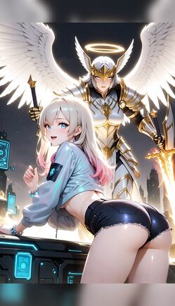 Blonde in Blue Crop Top with Angel Warrior