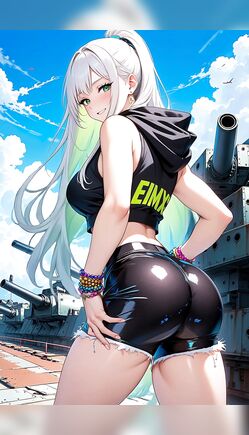 Silver Haired Girl Poses on Navy Battleship Deck