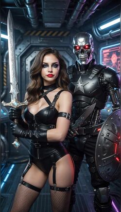 Brunette Warrior in Black Leather Posing with Cyborg