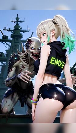 Anime Blonde in Latex Shorts Taunts Zombie Monster