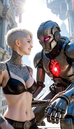 Tattooed White-Haired Woman Bonds with Red-Core Robot