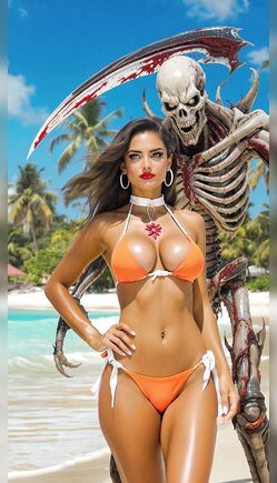 Brunette in Orange Bikini with Grim Reaper Beach