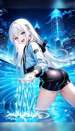 Silver-Haired Anime Girl Splashing in Cyber City Water