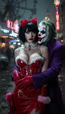 Curvy Brunette in Red Latex Embraced by Clown Lover