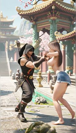 Topless Brunette Fights Ninja in Ancient Temple Courtyard