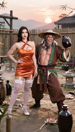 Seductive Brunette Poses with Asian Warrior at Sunset
