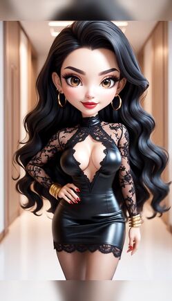 Stunning Brunette Doll Poses in Tight Black Mini Dress