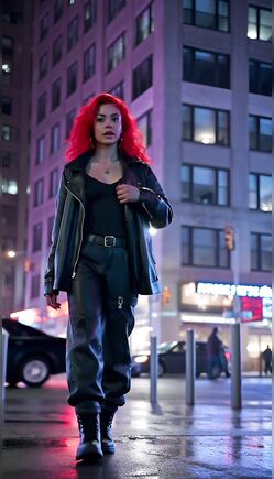 Confident Redhead Struts in Black Leather on Night Street