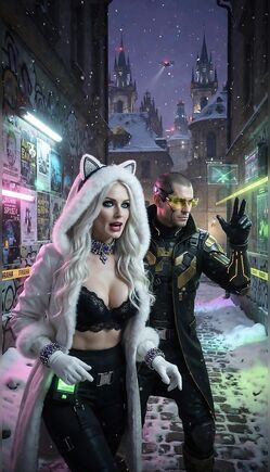 Cyberpunk Catgirl Poses with Mysterious Man in Neon City