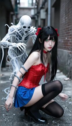 Seductive Anime Girl Poses with Ghostly Skeleton in Alley