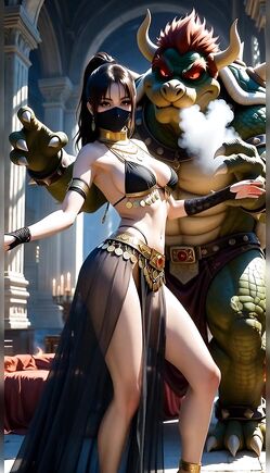 Seductive Brunette Dancer Poses with Fierce Dragon Monster