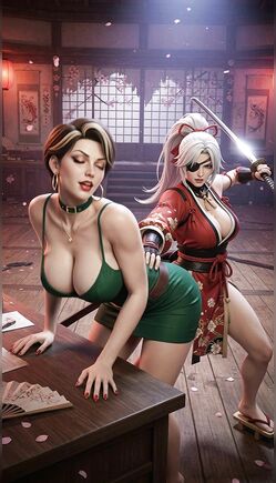 Seductive Brunette Leans Over Table with Warrior Companion