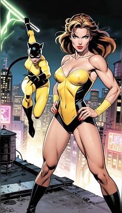Dynamic Blonde Superheroine Poses on Neon Rooftop