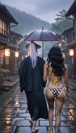 Seductive Brunette Walks with Mysterious Stranger in Rainy Japan