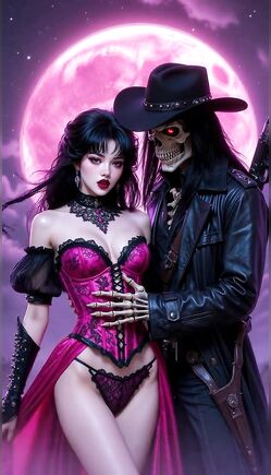 Seductive Brunette Embraces Skeletal Cowboy Under Pink Moon