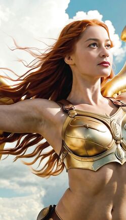 Majestic Redhead Angel Warrior Poses in Golden Armor