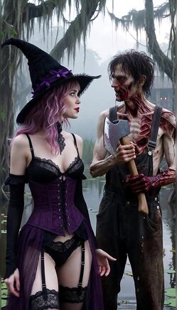 Seductive Witch Confronts Zombie Lumberjack In Fog