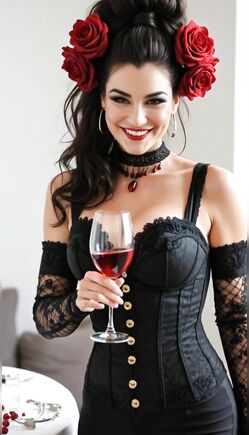 Elegant Brunette Sips Wine in Seductive Corset