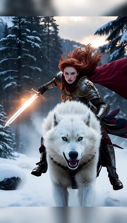Fierce Redhead Warrior Rides White Wolf in Snow