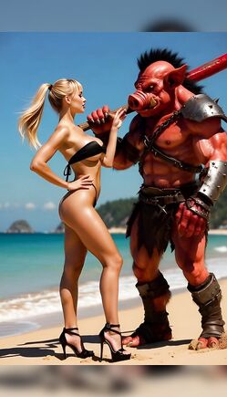 Blonde Bikini Beauty Flirts With Orc On Beach