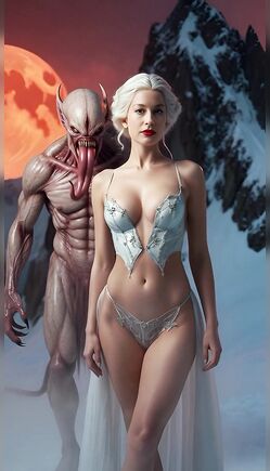 Silver Haired Beauty Hunted By Tentacled Alien Under Blood Moon