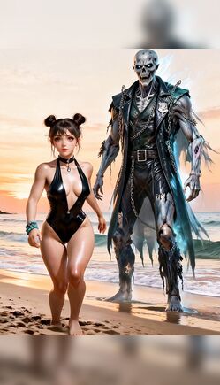 Seductive Beach Stroll with Skeleton Warrior at Sunset