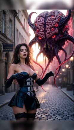 Brunette Sorceress Summoning Tentacle Brain Monster