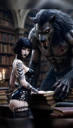 Tattooed Seductress with Massive Werewolf in Library