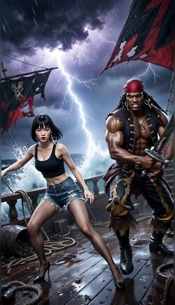 Sexy Brunette Pirate Girl on Stormy Pirate Ship