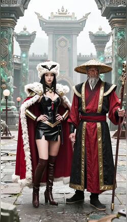 Seductive Beauty Posing with Ancient Asian Emperor