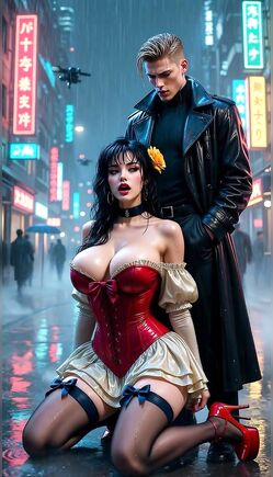 Corseted Beauty Kneels for Cyberpunk Enforcer in Neon Rain
