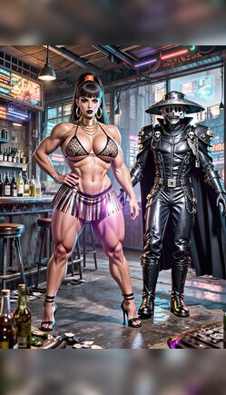 Muscular Bikini Beauty Poses With Skeleton Cowboy in Cyberpunk Bar