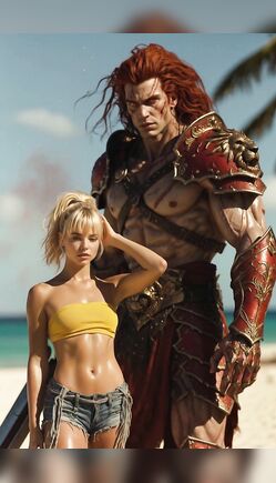 Barbarian Warrior Guards Blonde Beauty on Tropical Beach