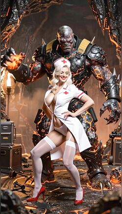 Seductive Nurse Poses With Fiery Robot in Industrial Lair