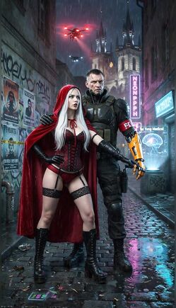 Cyberpunk Hunter and Red Cloaked Femme Alliance