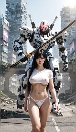 Futuristic Mech Guardian and Bikini Beauty Encounter