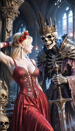 Crowned Beauty Enchained by Undead Skeleton King