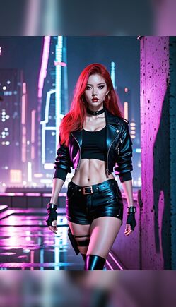 Redhead Cyberpunk Assassin Stalks Neon City Streets at Night